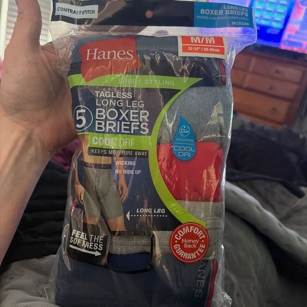 Hanes Men's Tagless Long Leg Boxer Briefs Cool Dri 5-Pack Size Medium